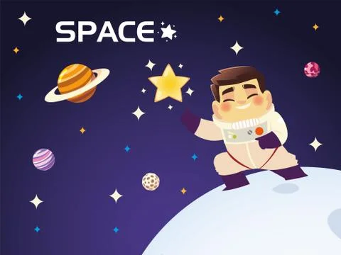 Cute astronaut on moon star and planets cartoon space Stock Illustration
