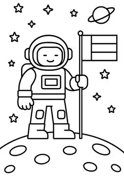 Cute Astronaut on Moon Vector Line Art Illustration Stock Illustration