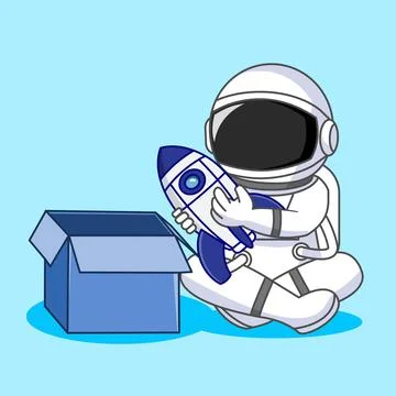 Cute Astronaut Open the Gift Box and Playing Toy Rocket Stock Illustration