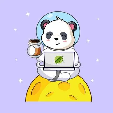 Cute Astronaut Panda Taking a Coffee Break While Working on Laptop Illustrazione stock
