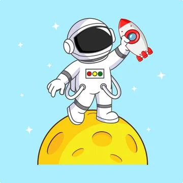 Cute Astronaut Playing a Rocket on the Moon Stock Illustration