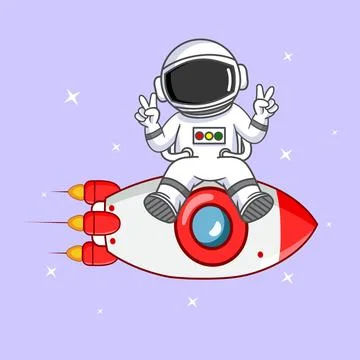Cute Astronaut Sitting on a Rocket Making Peace Signs Stock Illustration