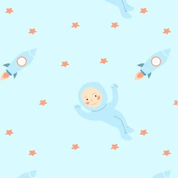 Cute astronaut in a space - seamless pattern blue イラスト素材