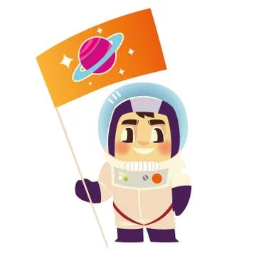 Cute astronaut in suit with flag explore cartoon space Stock Illustration