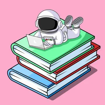 Cute Astronaut Working on Laptop in the Stack of Books Stock Illustration