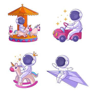 Cute astronauts have fun playing, cartoon style set Stock Illustration