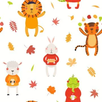 Cute autumn animals seamless pattern Illustrazione stock