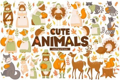 Cute autumn animals vector collection. Bears, foxes, turkeys, racoons, rabb.. Stock Illustration