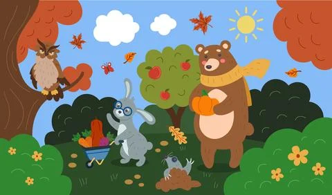 Cute autumn background. Animals with fall harvest. Cozy nature. Cartoon lands Stock Illustration