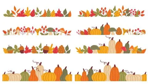 Cute autumn borders set with pumpkins, leaves, mushrooms, berries, nuts and.. Stock Illustration