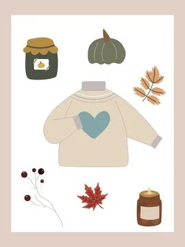Cute autumn card with fall elements. Vector icons. Flat autumn images. The .. Stock Illustration