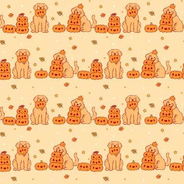 Cute Autumn Dog Seamless Pattern Halloween Pumpkin Golden Retriever Derpy H.. Illustrazione stock