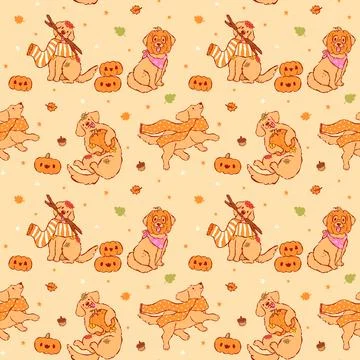 Cute Autumn Dog Seamless Pattern Fall Golden Retriever Derpy Hand Drawn Fes.. Stockillustratie