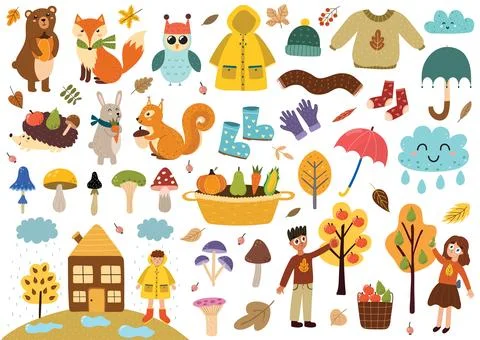 Cute autumn elements collection. Fall clothes, animals, leaves, mushrooms, kids 스톡 일러스트