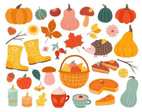 Cute autumn elements. Fall pumpkin, hedgehog november forest leaves 스톡 일러스트