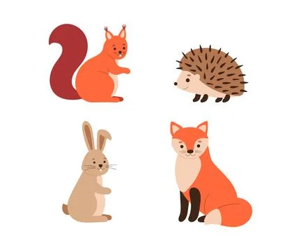 Cute autumn fox, squirrel, hedgehog and hare set. Cute cartoon vector chara.. 스톡 일러스트