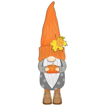 Cute autumn gnome with pumpkin. Vector illustration. Stock Illustration