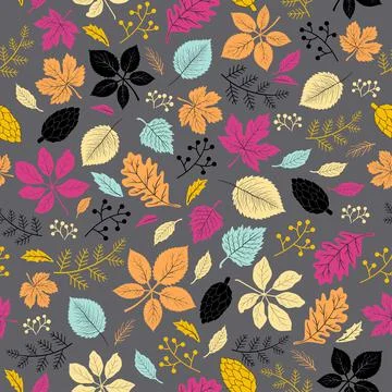 Cute autumn leaves seamless pattern on dark gray background,for decorative,ap Stock Illustration