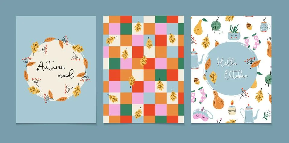 Cute Autumn print set. Fall cards, posters, covers with geometric pattern. 库存插图