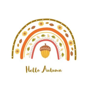 Cute autumn rainbow. Fall printable poster. Modern nursery rainbow with yellow Illustrazione stock