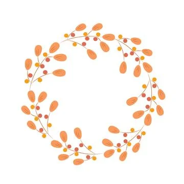 Cute autumn round frame or wreath with leaves, berris, nuts and mushrooms in Stock Illustration