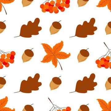 A cute autumn seamless pattern with berries and autumn leaves Stock Illustration