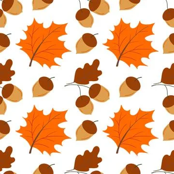 A cute autumn seamless pattern with berries. Acorns, oak, and autumn leaves.  Stock Illustration