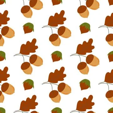 A cute autumn seamless pattern with berries. Acorns, oak, and autumn leaves.  Stock Illustration