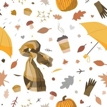 Cute autumn seamless pattern with cosy hand drawn scarf, coffee, umbrella, and Stock Illustration