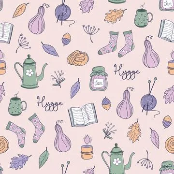 Cute Autumn seamless pattern. Fall background with cozy elements. 스톡 일러스트
