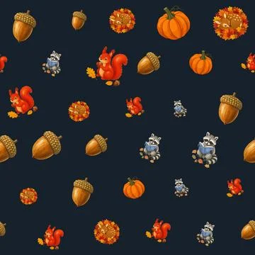 Cute autumn seamless pattern with forest animals on transparent background Stock-Illustration