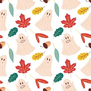 Cute autumn seamless pattern with ghost, leaves and acorn in flat style. Perfect Stock Illustration