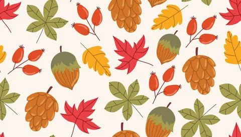 Cute autumn seamless pattern with leaf, rosehip berry, cone, and acorn in c.. Illustrazione stock