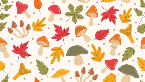 Cute autumn seamless pattern with leaf, mushroom and tiny dot in messy orde.. Stock Illustration