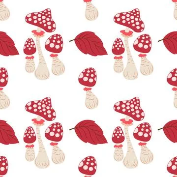 Cute autumn seamless pattern with mushrooms. Fairytale mushrooms and fly agar Stock Illustration