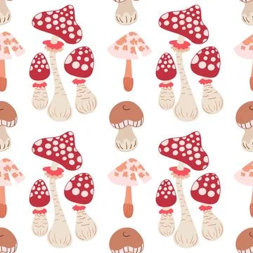 Cute autumn seamless pattern with mushrooms. Fairytale mushrooms and fly agar Stock Illustration