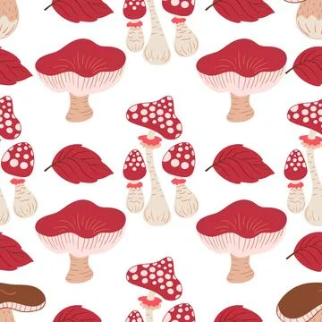 Cute autumn seamless pattern with mushrooms. Fairytale mushrooms and fly agar Stock Illustration
