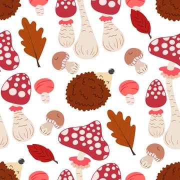 Cute autumn seamless pattern with mushrooms. Fairytale mushrooms and hedgehog Ilustración de archivo