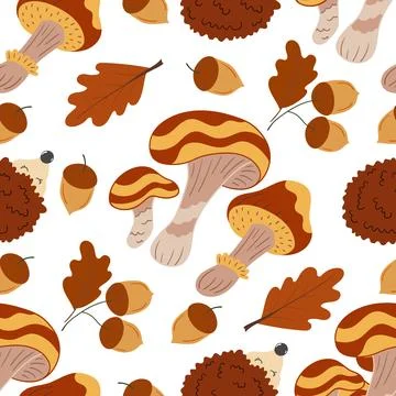 Cute autumn seamless pattern with mushrooms. Fairytale mushrooms and hedgehog Ilustración de archivo