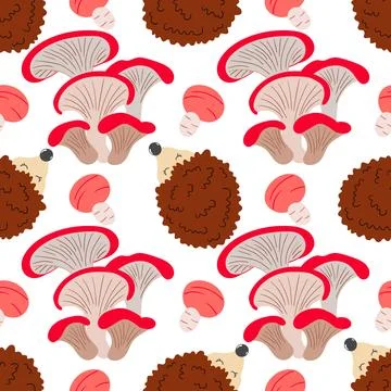 Cute autumn seamless pattern with mushrooms. Fairytale mushrooms and hedgehog Ilustración de archivo