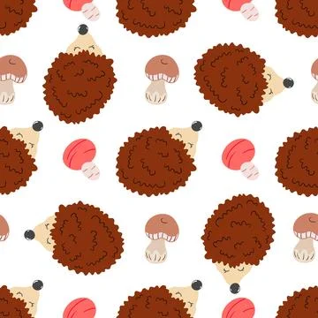 Cute autumn seamless pattern with mushrooms. Fairytale mushrooms and hedgehog Ilustración de archivo