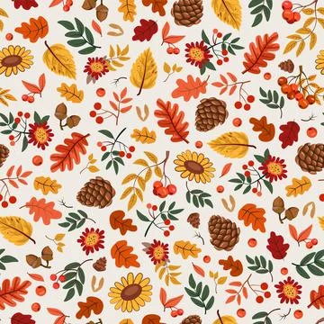 Cute autumn seamless pattern. Orange leaves. Falling tree foliage. Pine cone. Stock Illustration