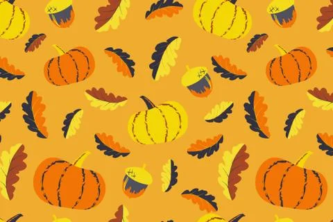 Cute autumn seamless pattern. Pumpkin and acorns Stock Illustration