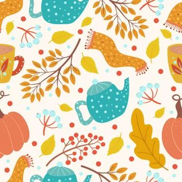 Cute autumn seamless pattern with pumpkins, leaves and berries. Stock Illustration