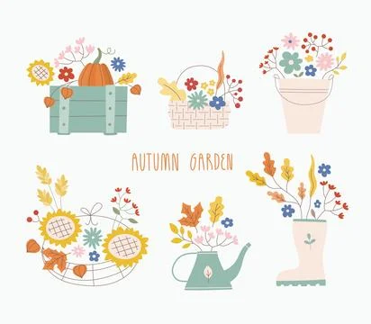 Cute autunb bouquet vector illustrations set. Vegetables, flowers in baskets Stock Illustration