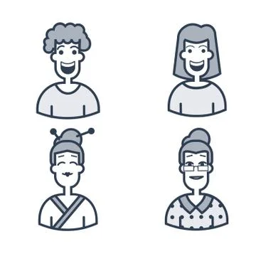 Cute avatars. Characters of different ages. Vector line style icons isolated Stock Illustration