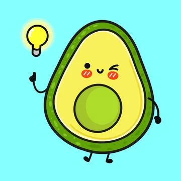 Cute avocado cartoon having creative idea with lightbulb Stock Illustration