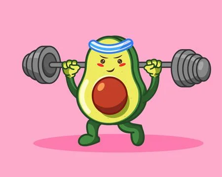 Cute Avocado Character Lifting Weights with Determination Vector Stock Illustration