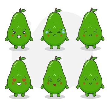 Cute Avocado Characters With Various Expression Stock Illustration