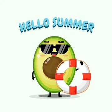 Cute avocado mascot carrying a float with summer greetings 스톡 일러스트